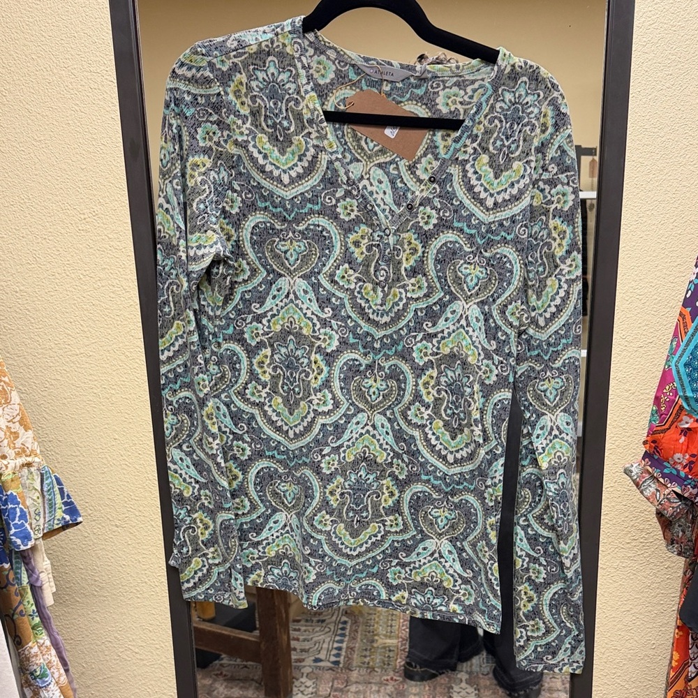 Athleta Paisley Henley Long Sleeve Top in Teal and Gray
